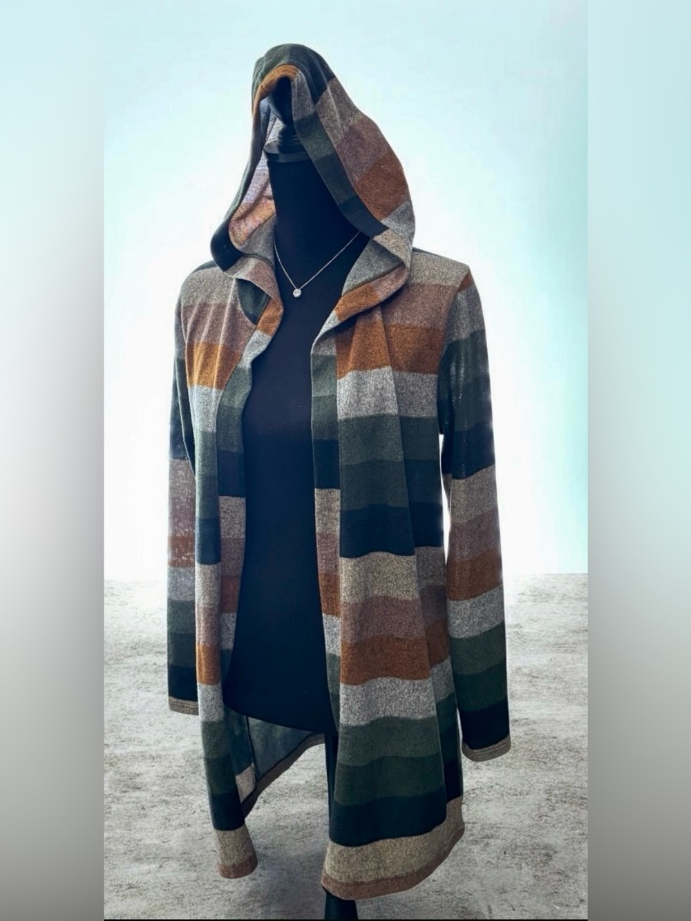 Trueselect Earth tone Hooded Open-Front Stripe Cardigan in Olive, Brown & Gray